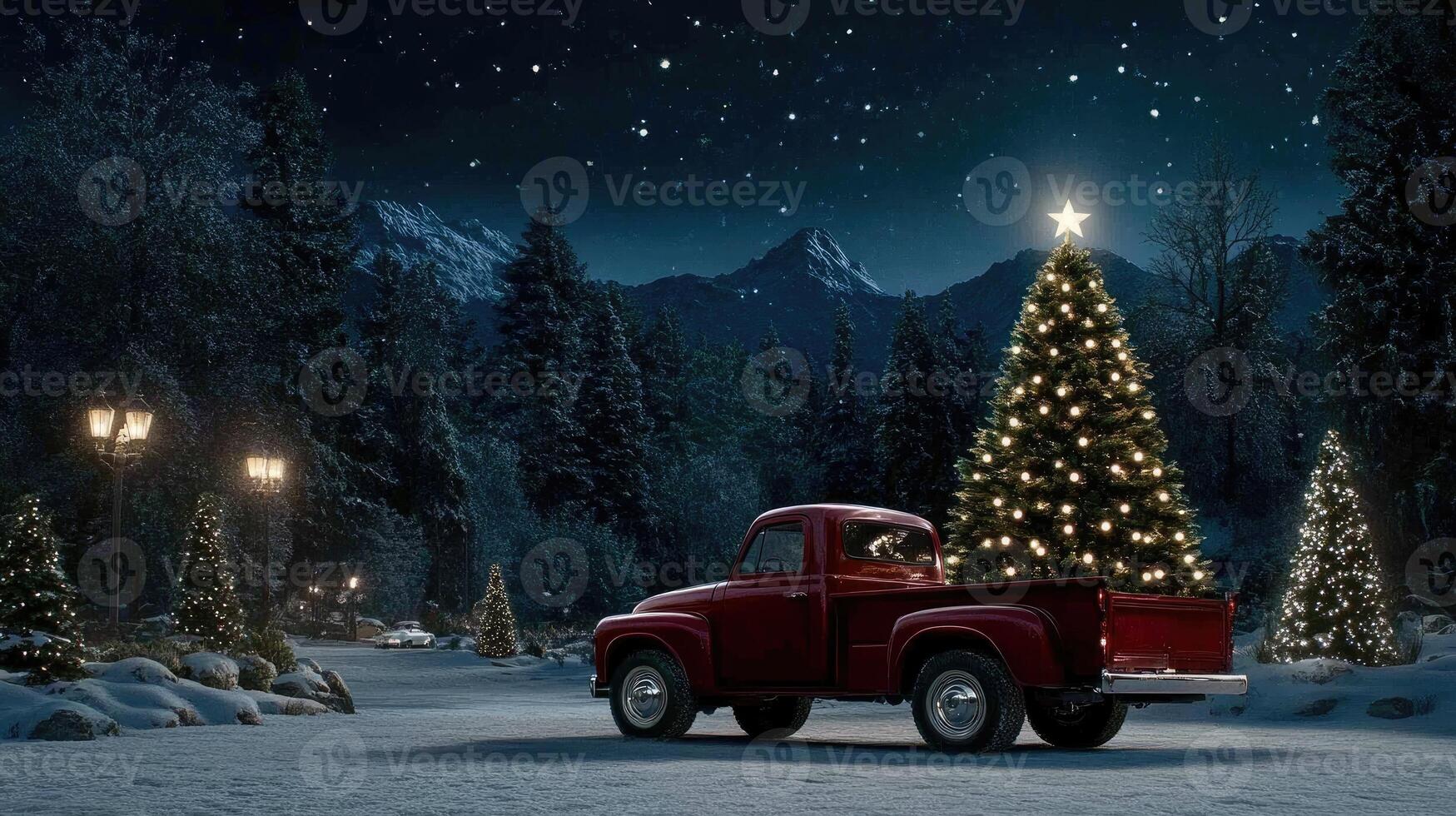 A red truck with a christmas tree in the middle of a snowy road photo