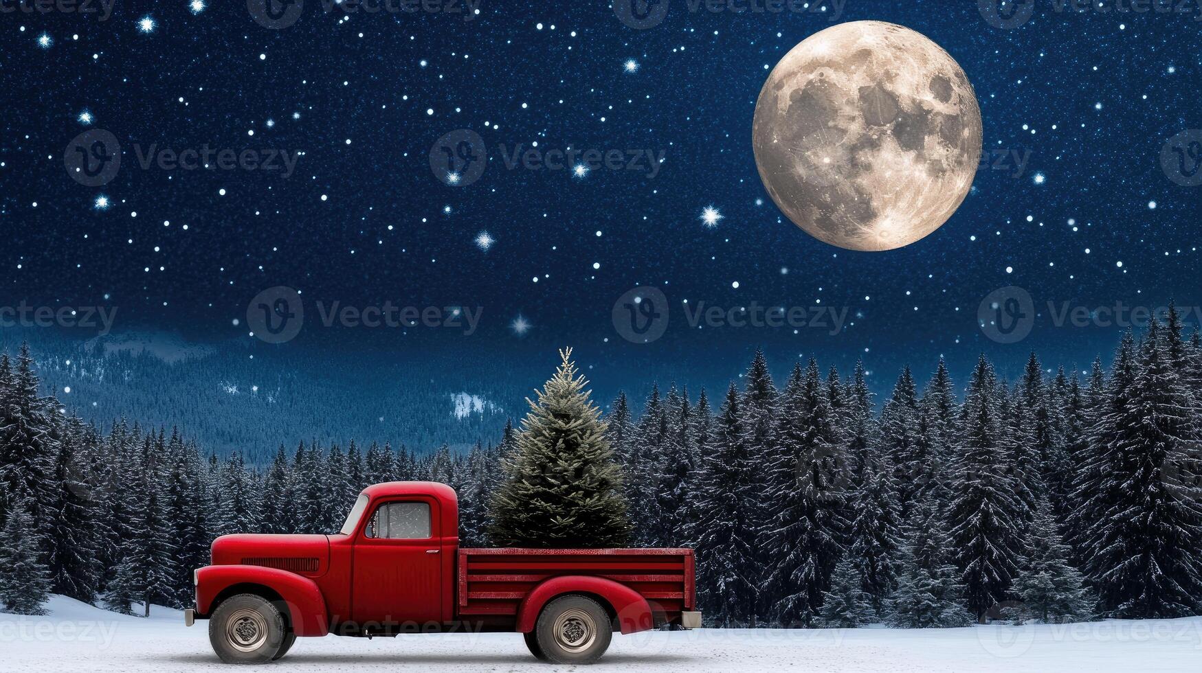 A red truck with a christmas tree in the back photo