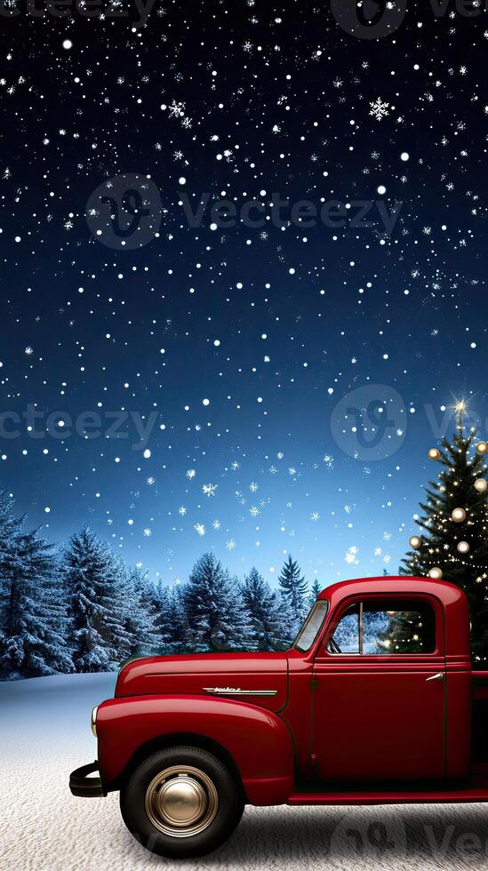 A red truck with a christmas tree in the back photo