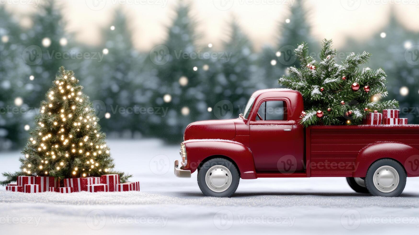 A red truck with christmas trees in the back photo
