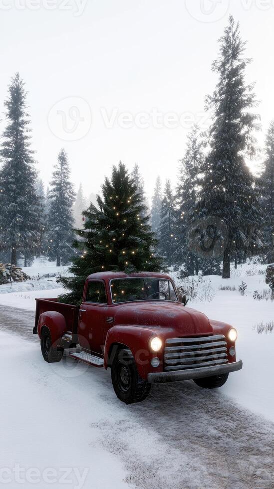 A red truck with a christmas tree on the back photo