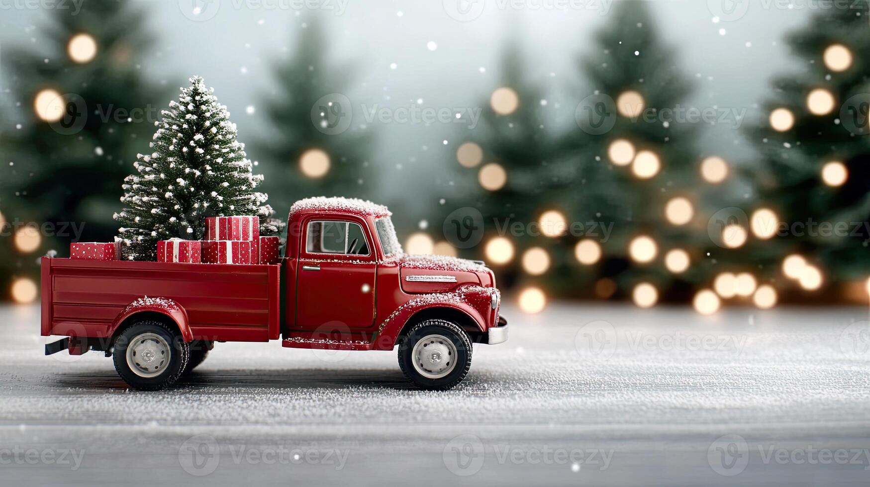 A red truck with a christmas tree in the back photo