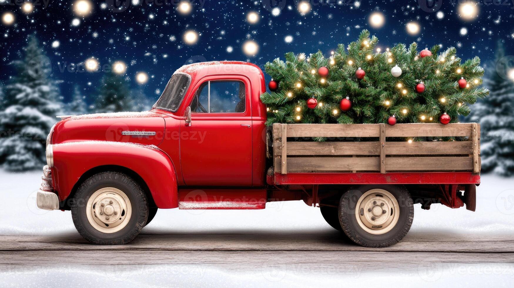A red truck with a christmas tree in the back photo
