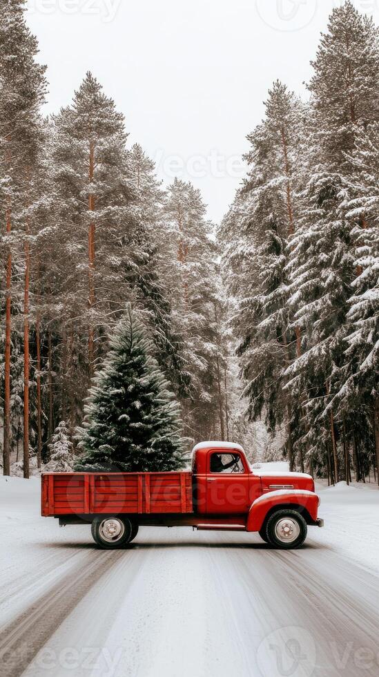 A red truck driving down a snowy road with a christmas tree in the back photo