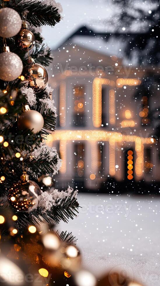 A christmas tree with gold ornaments in front of a house photo