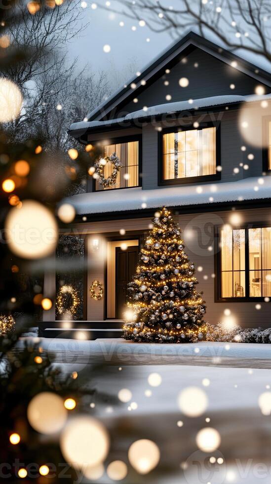 A house with lights on the front and a christmas tree photo