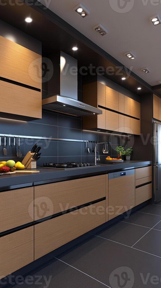 A modern kitchen with black and brown cabinets photo