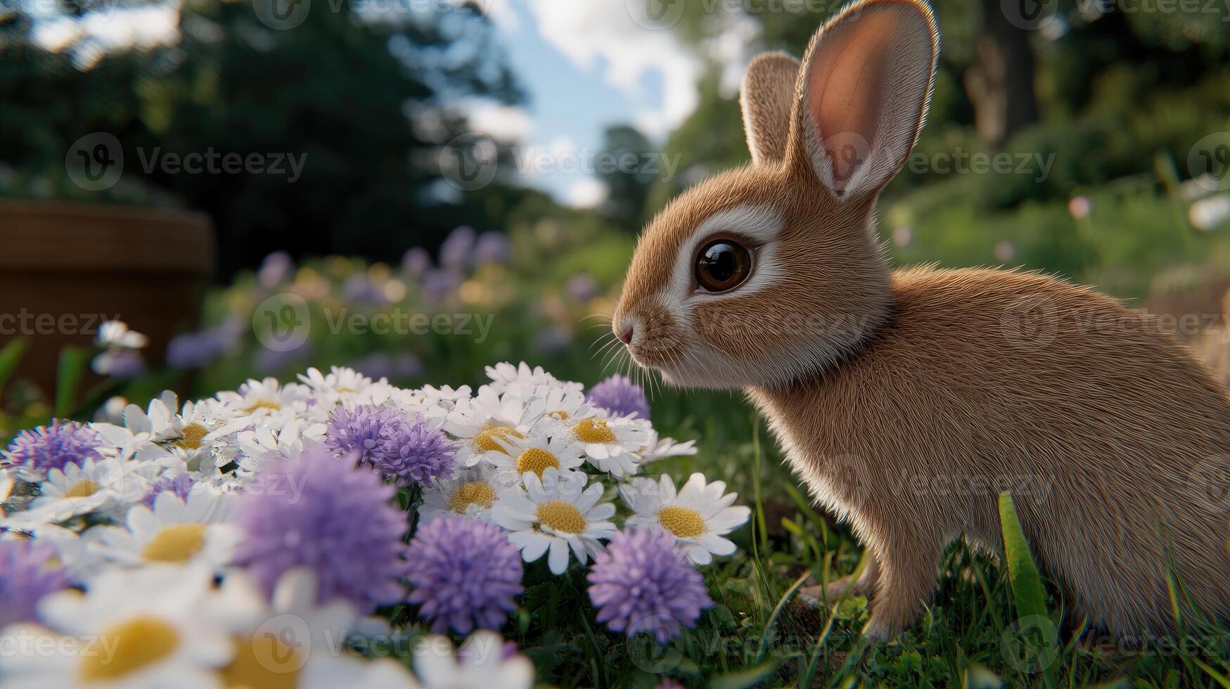 A small rabbit is standing in a field of flowers photo