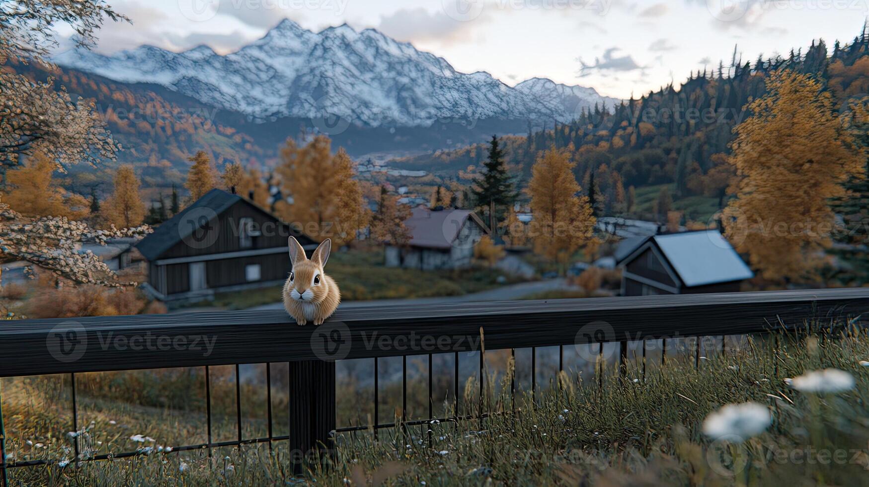 A rabbit is sitting on a fence in front of a village photo