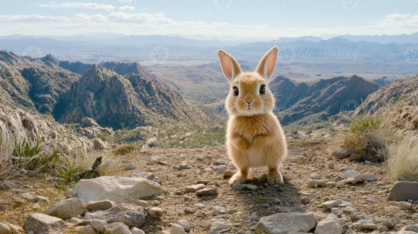 A small rabbit standing on top of a rocky hill photo
