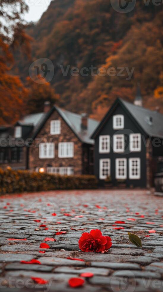 A red rose laying on the ground in front of a house photo