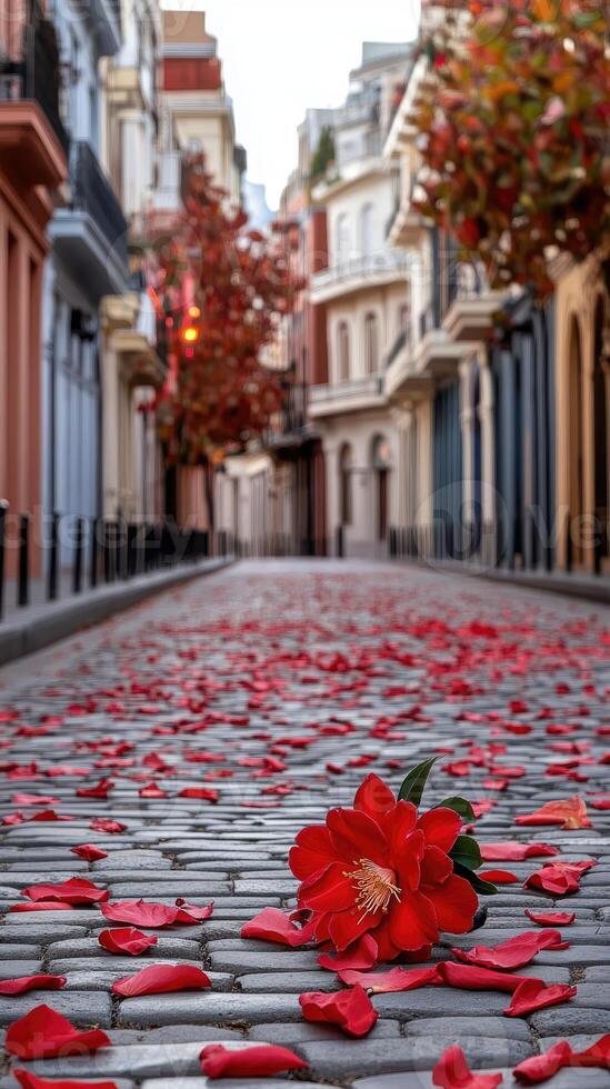 A red flower laying on the cobblestone street photo