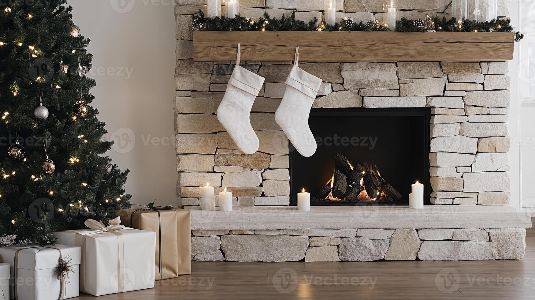 A fireplace with stockings and christmas decorations photo