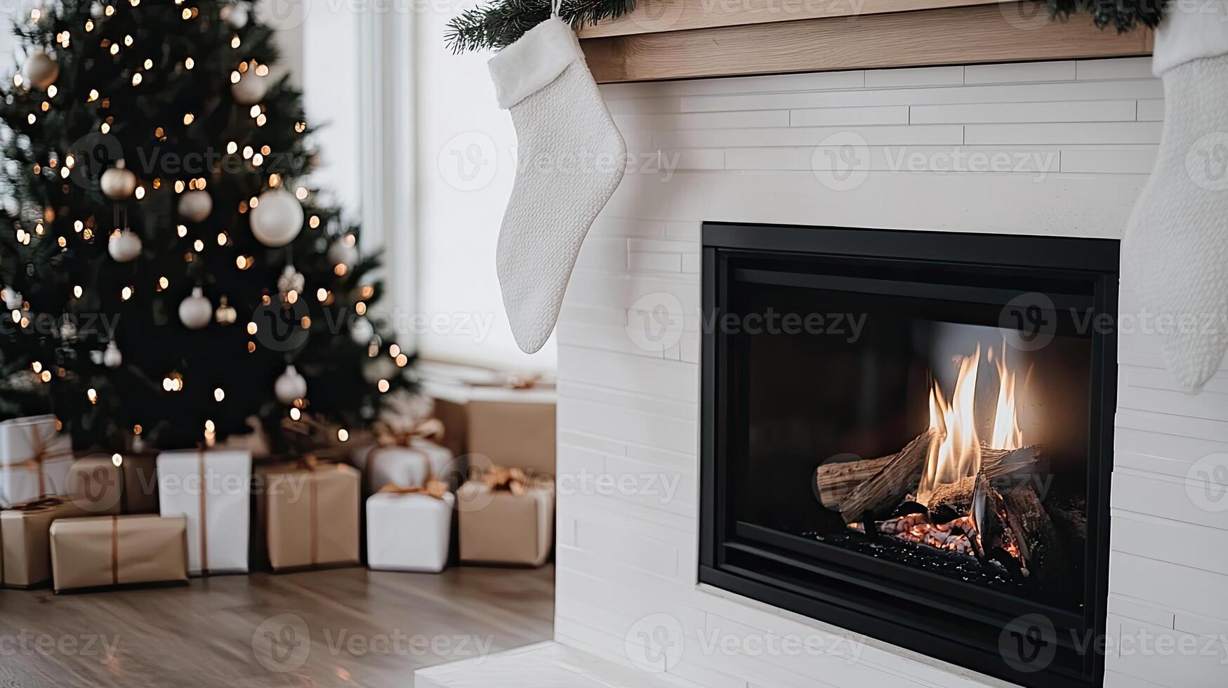 A fireplace with a christmas tree and stockings photo