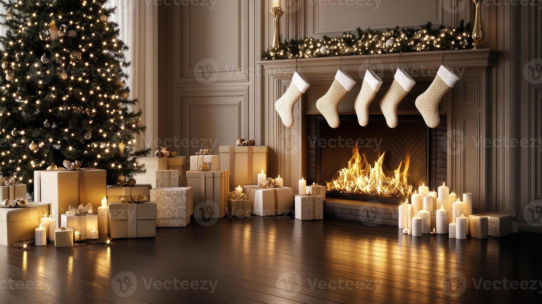 Christmas fireplace with stockings and christmas tree photo