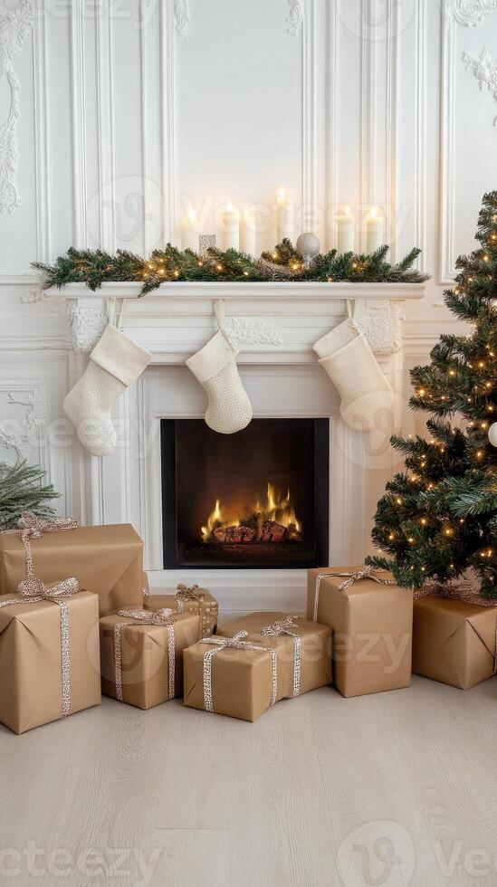 Christmas gifts and stockings in front of fireplace photo