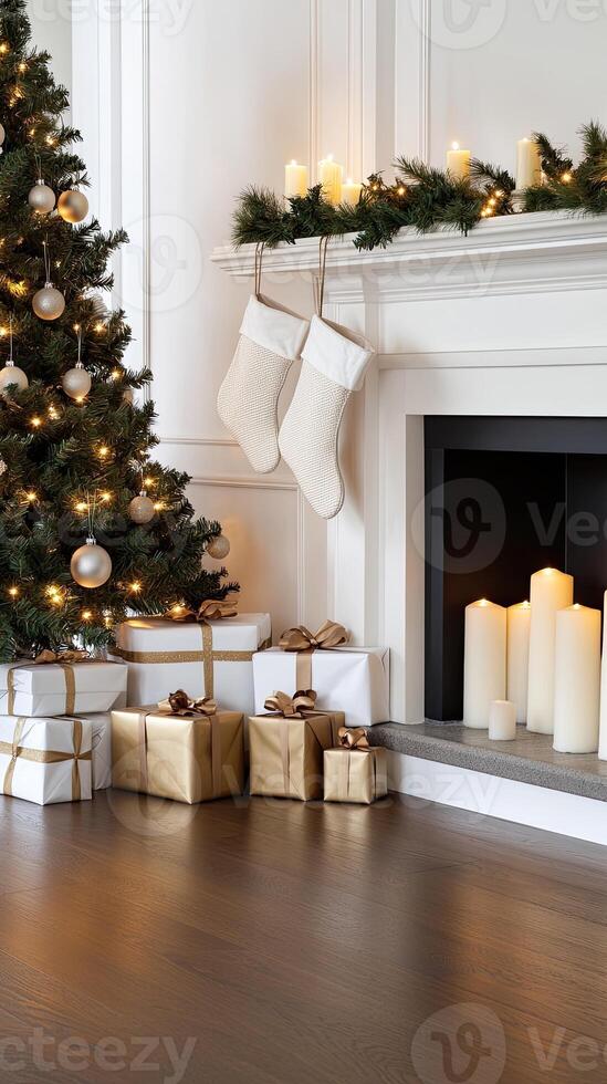 Christmas tree and presents in front of fireplace photo