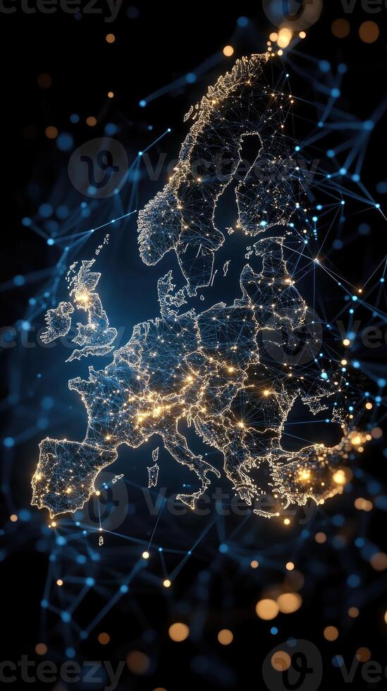 European union map with connected network and lights photo