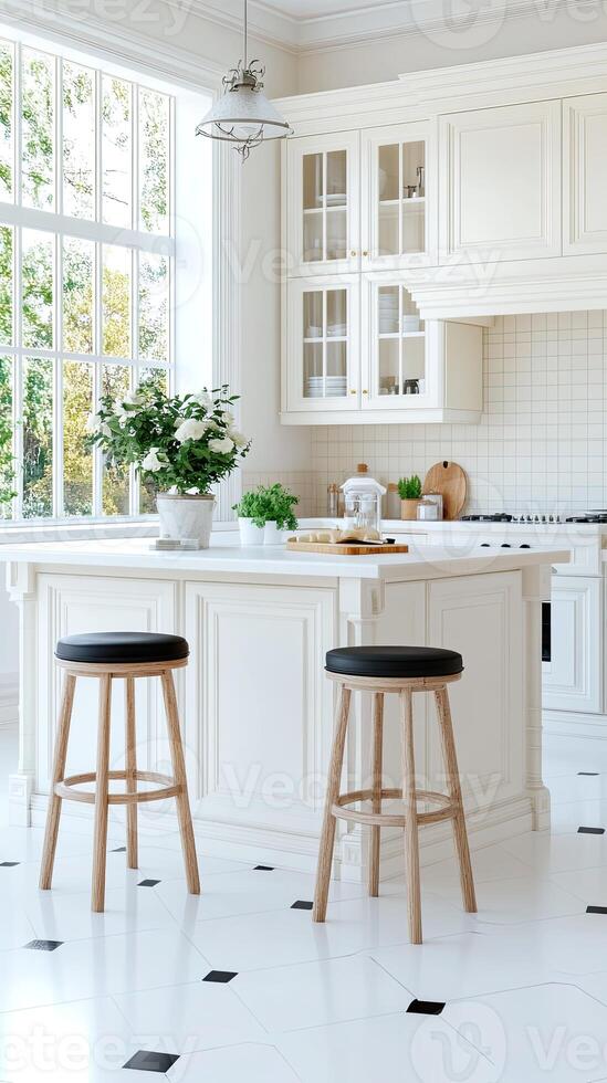 A white kitchen with black and white tiles photo