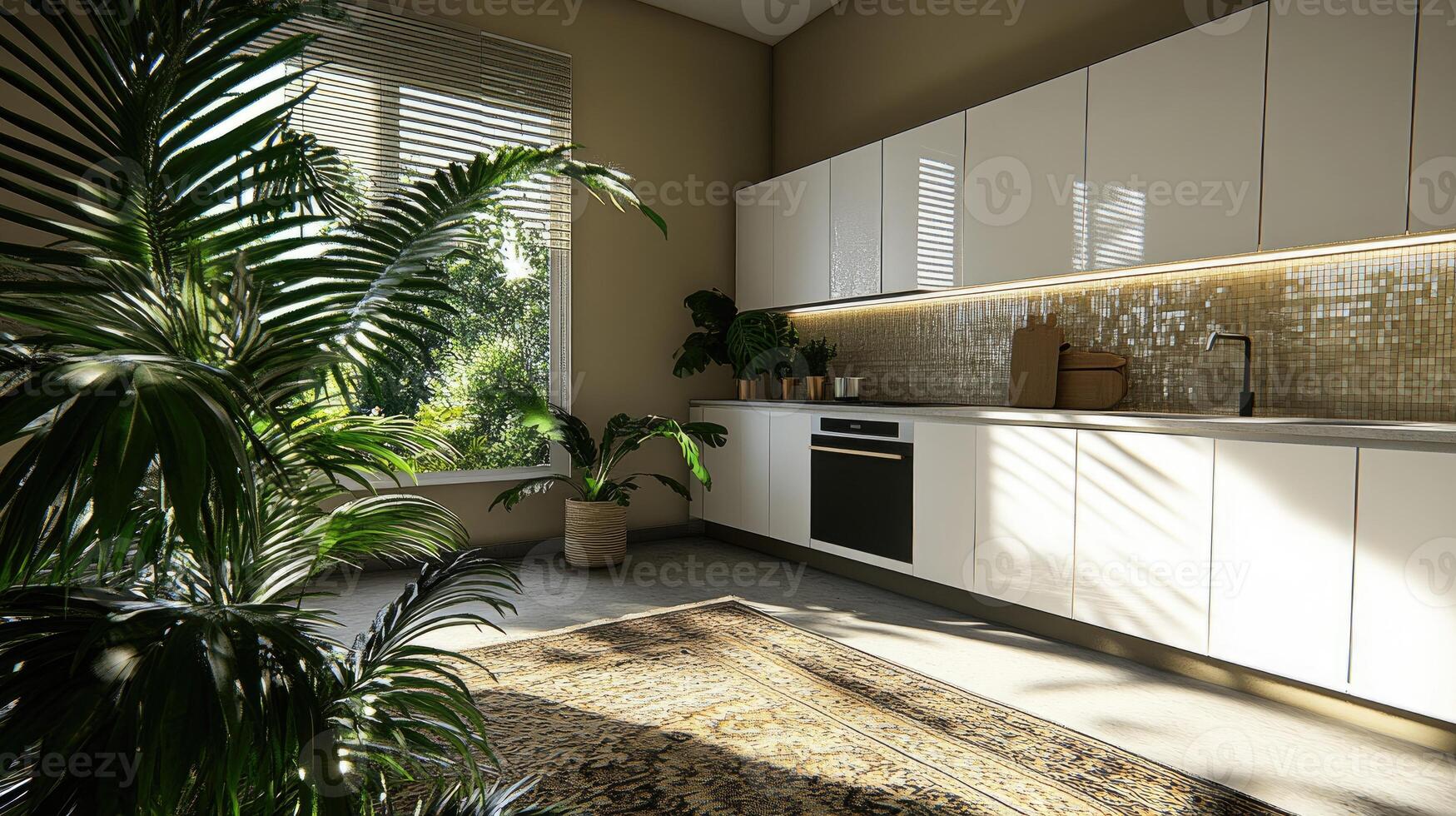A kitchen with a large window and a rug photo