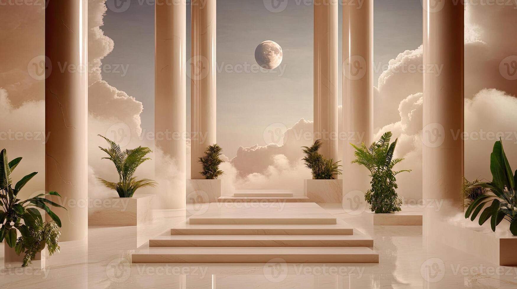 A room with pillars and plants in it photo