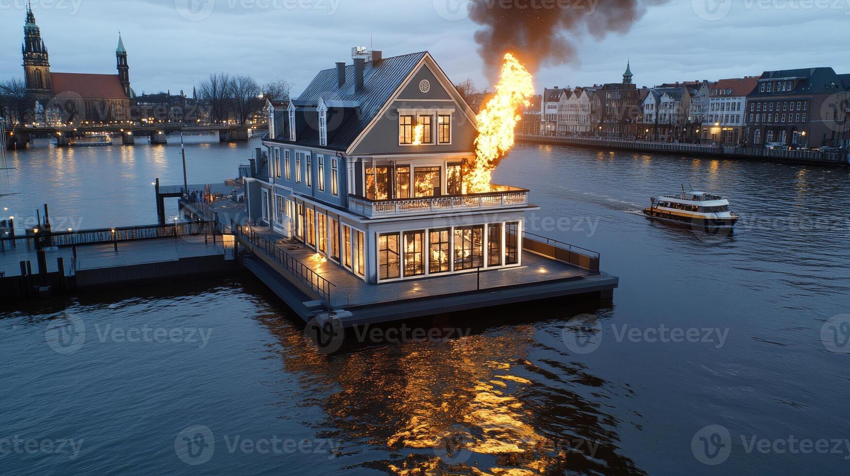 A house on a floating dock with fire coming out of it photo