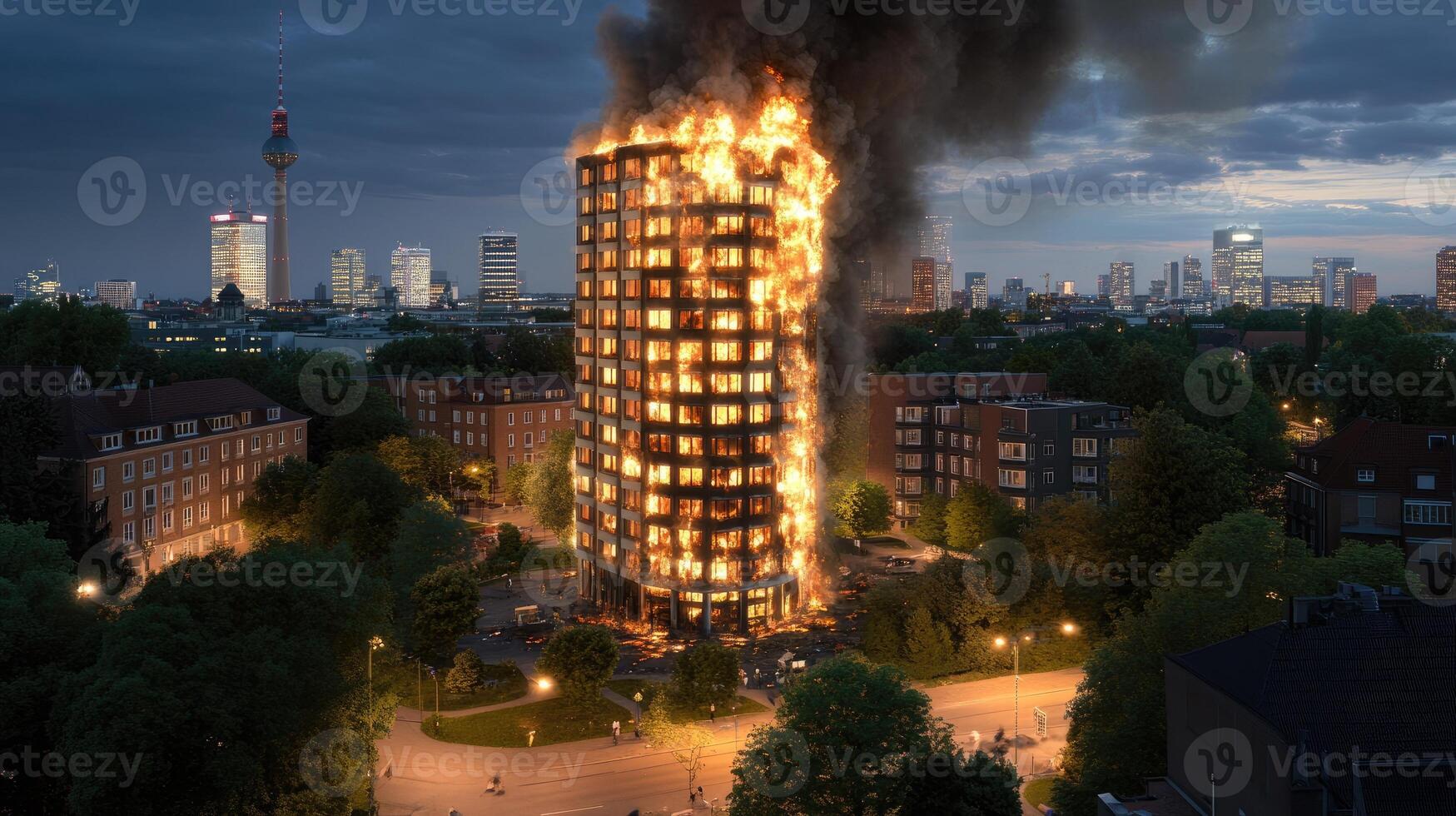 A burning building in the middle of a city photo