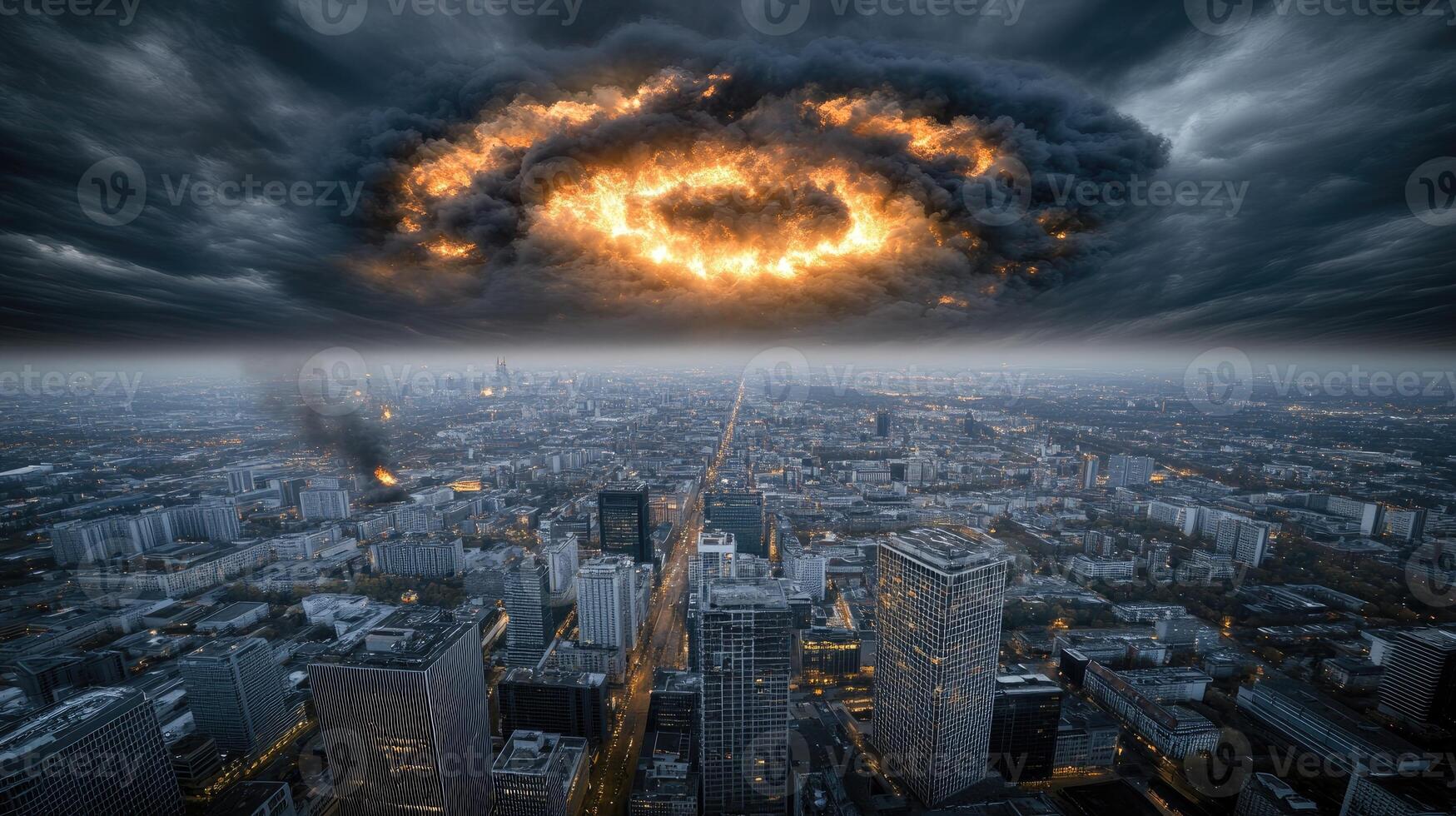An explosion over a city with buildings in the background photo