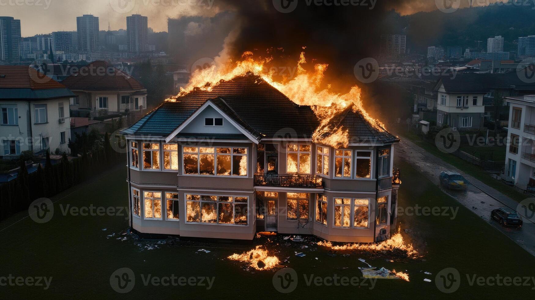A house on fire in the middle of a city photo