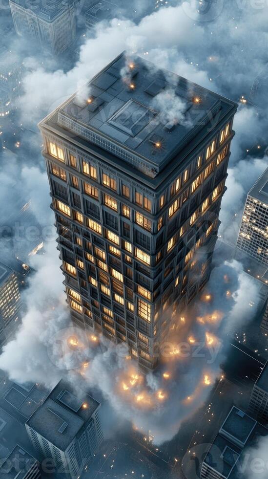 A skyscraper is surrounded by clouds photo