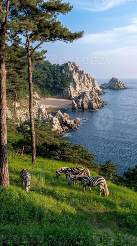 A group of zebras grazing on a hillside near the ocean photo