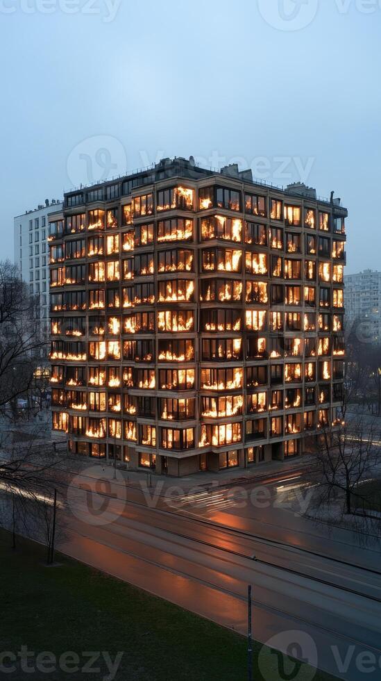 A building with many windows lit up at night photo