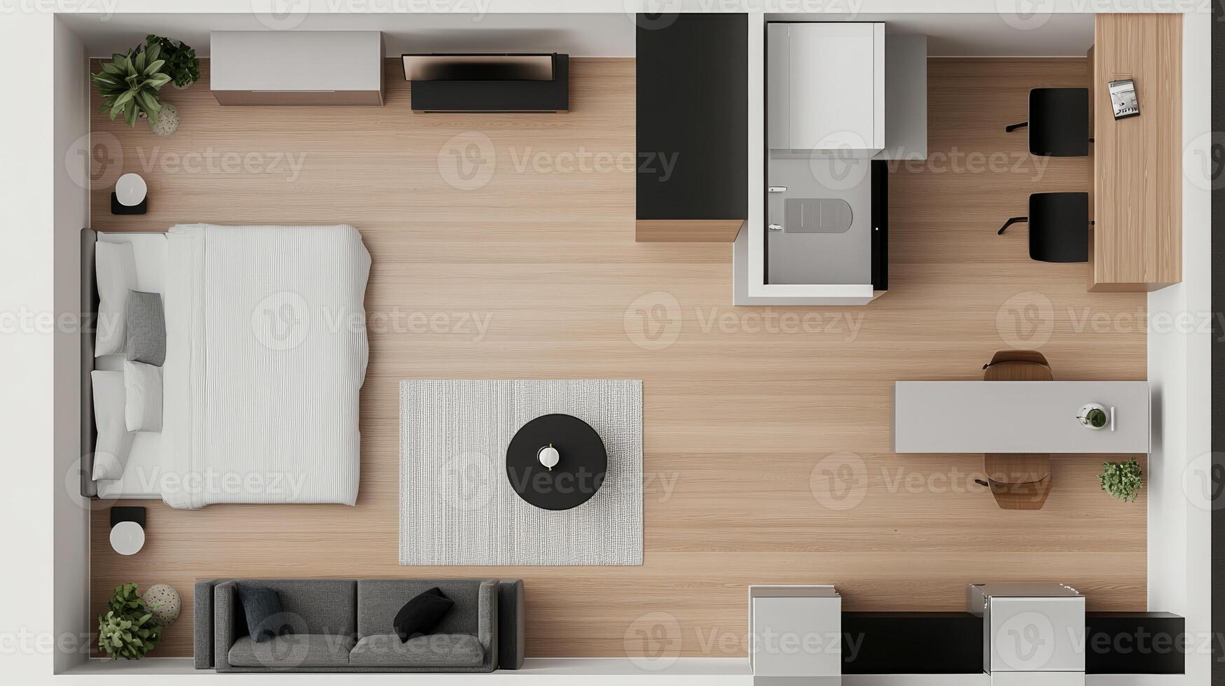 A small apartment with a bed, desk and kitchen photo