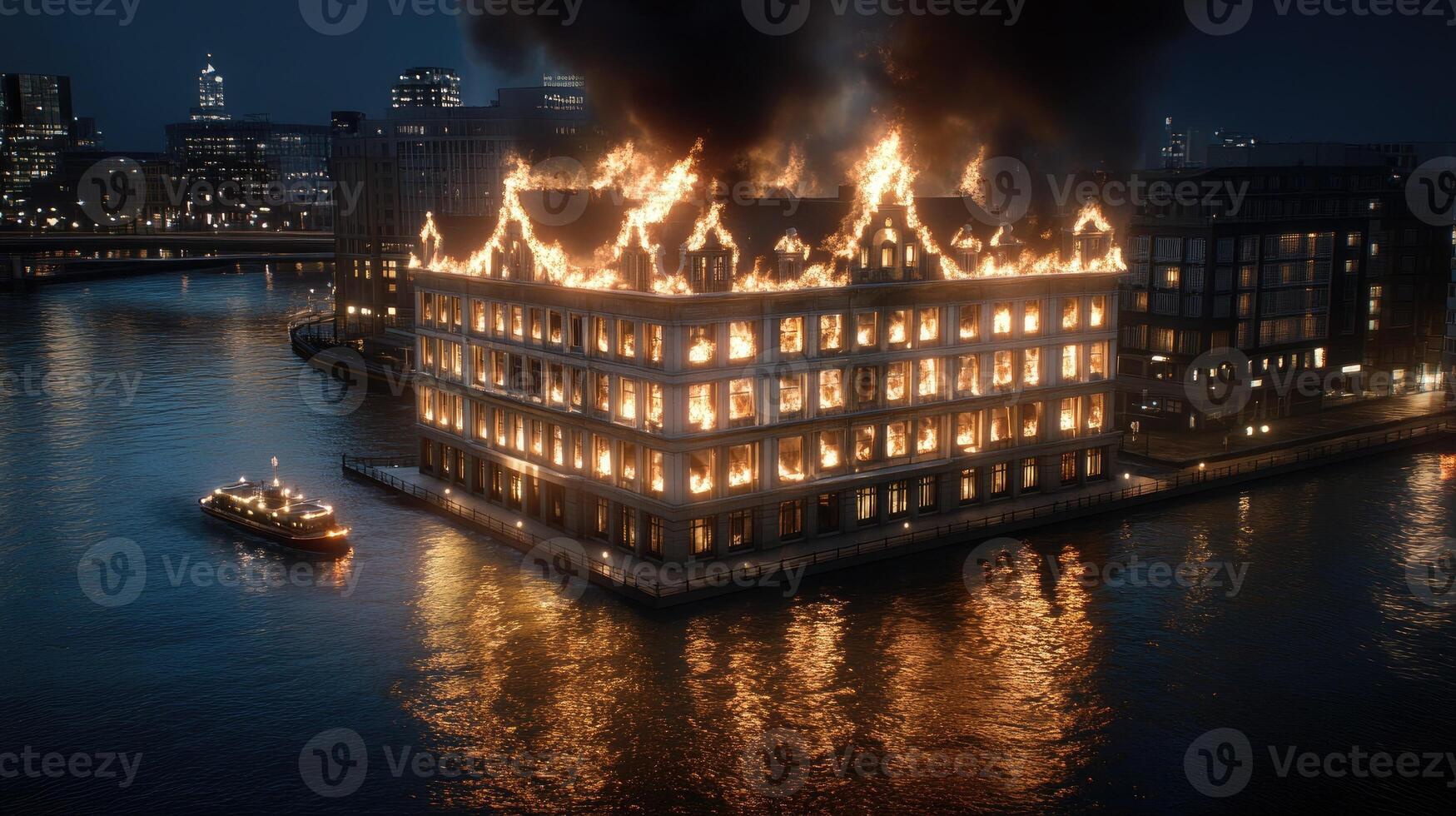 A burning building in the middle of a river photo