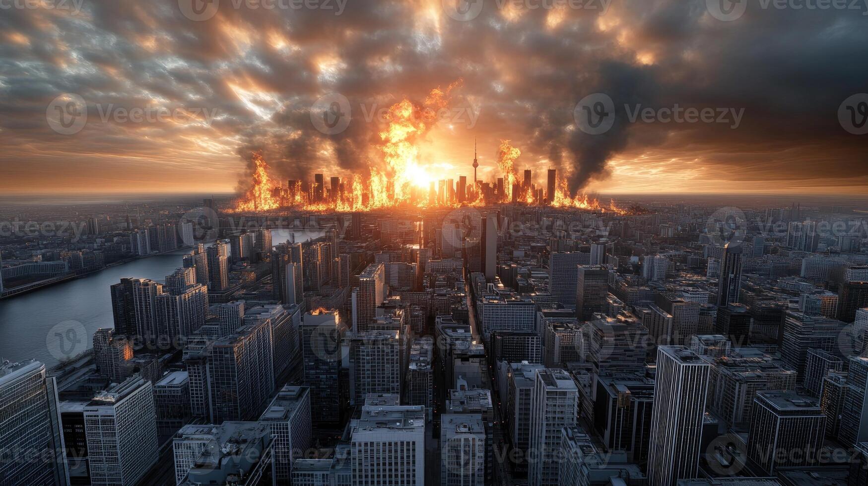 The sun is rising over a city with smoke coming out of it photo