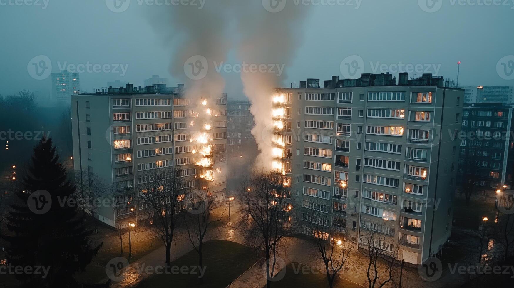A building with smoke coming out of it photo