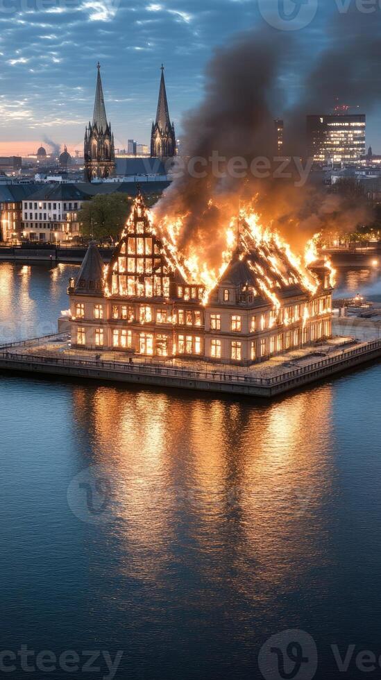 A burning building on the water with a city in the background photo