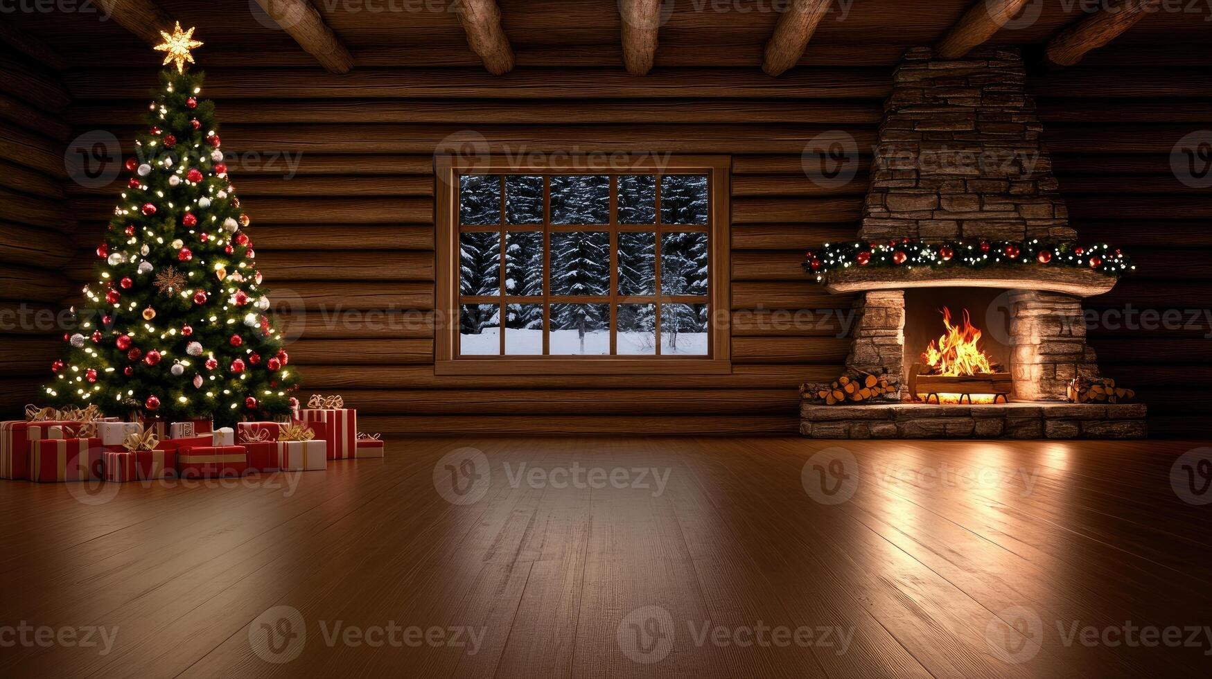 Christmas tree and fireplace in a log cabin photo