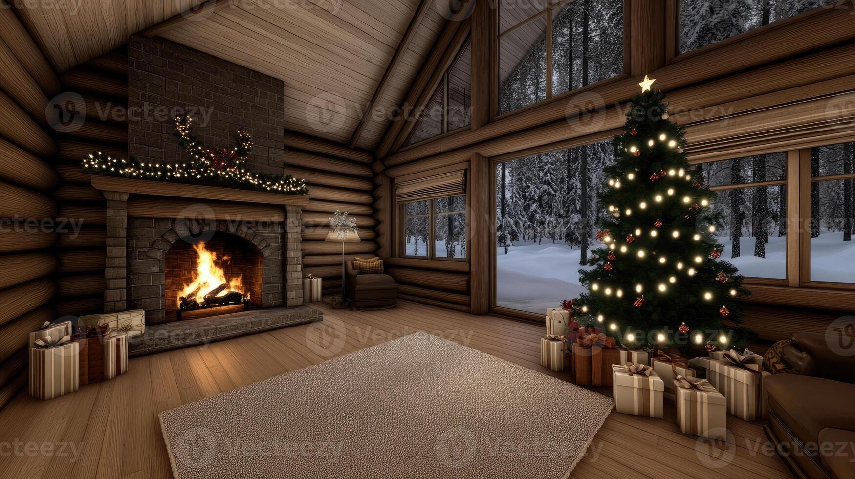 Christmas tree in a log cabin with fireplace photo