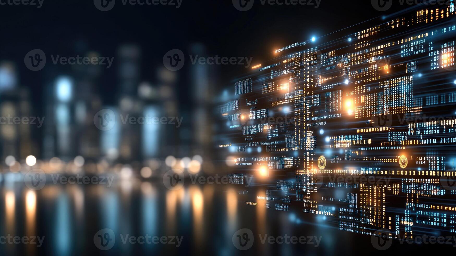 Digital cityscape with digital data and lights photo