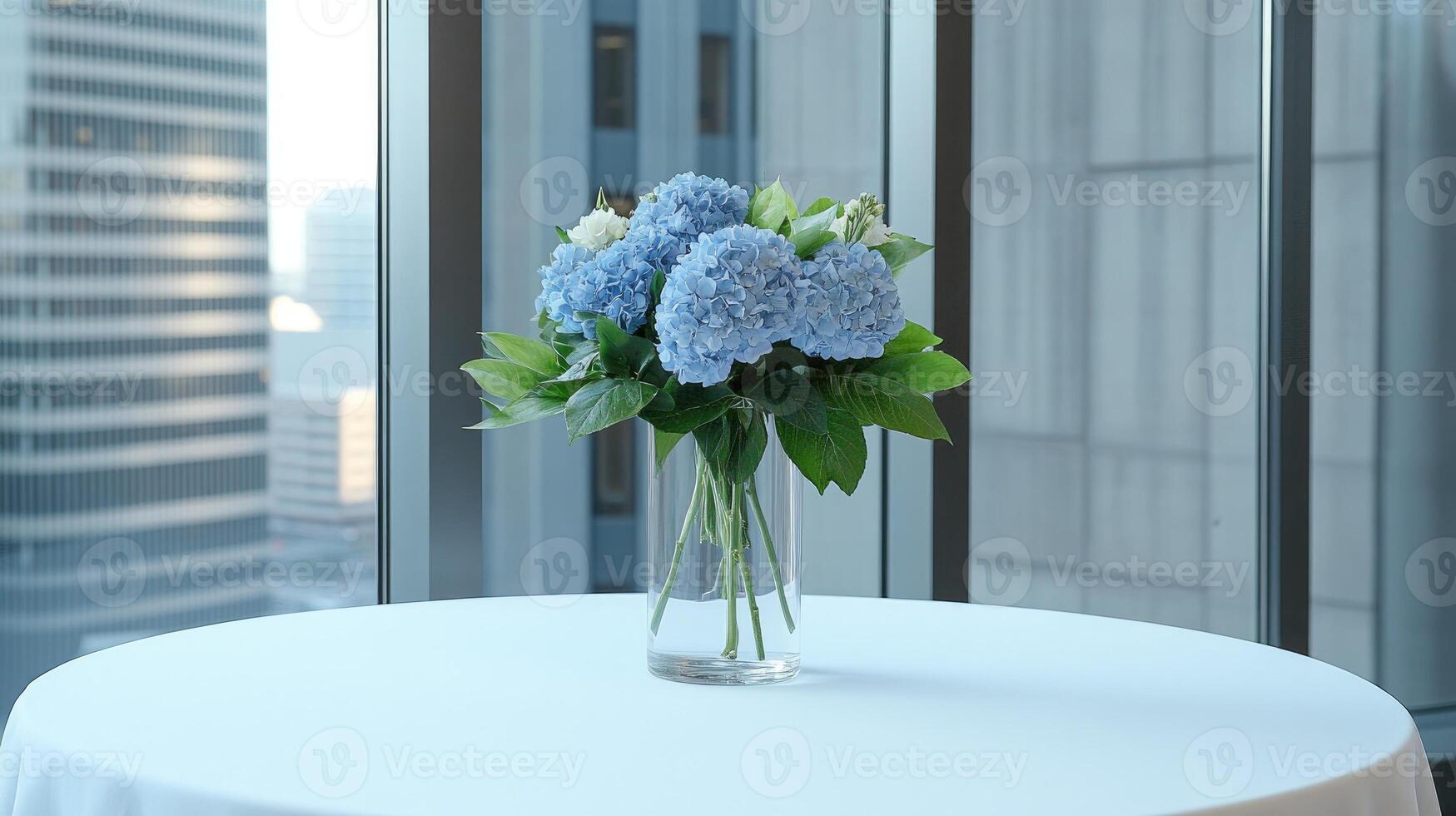 A vase of blue flowers on a table in front of a window photo