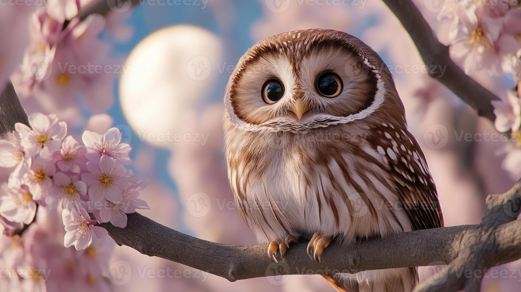 Owl sitting on a branch with pink flowers photo