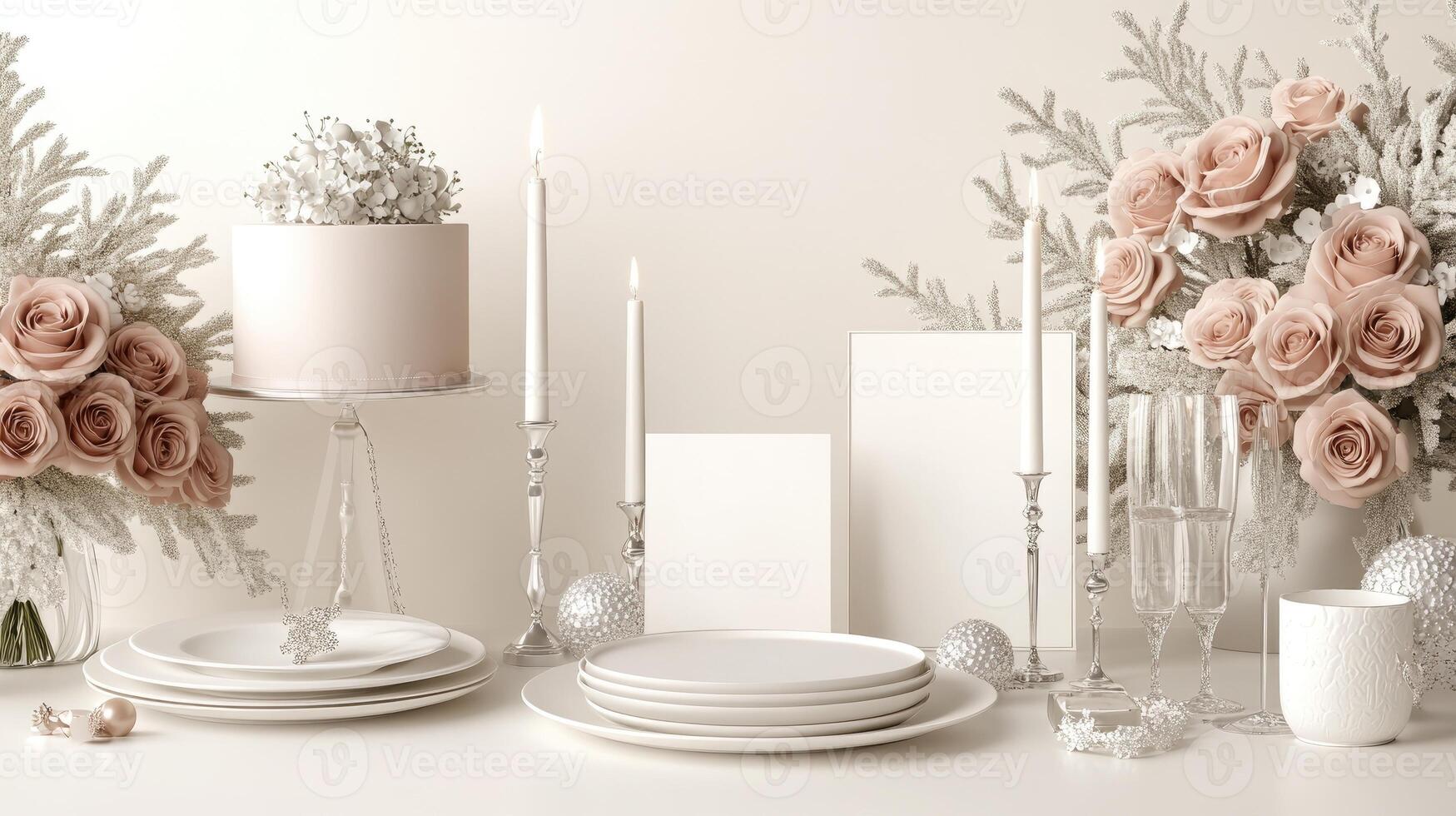 A table setting with white and pink flowers photo