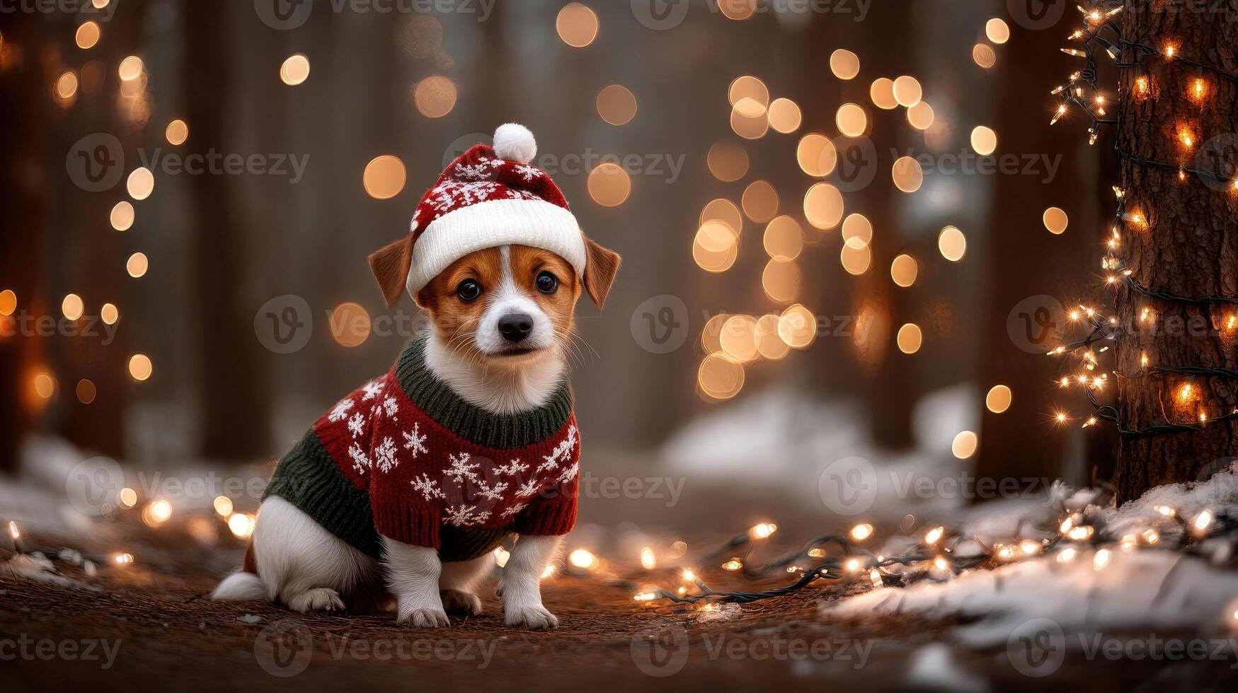 A dog wearing a christmas sweater and hat in the woods photo