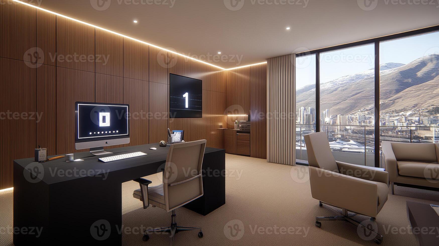 A modern office with a desk and chair photo
