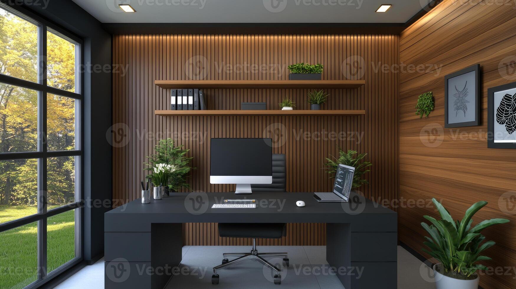 A modern home office with a desk and a window photo
