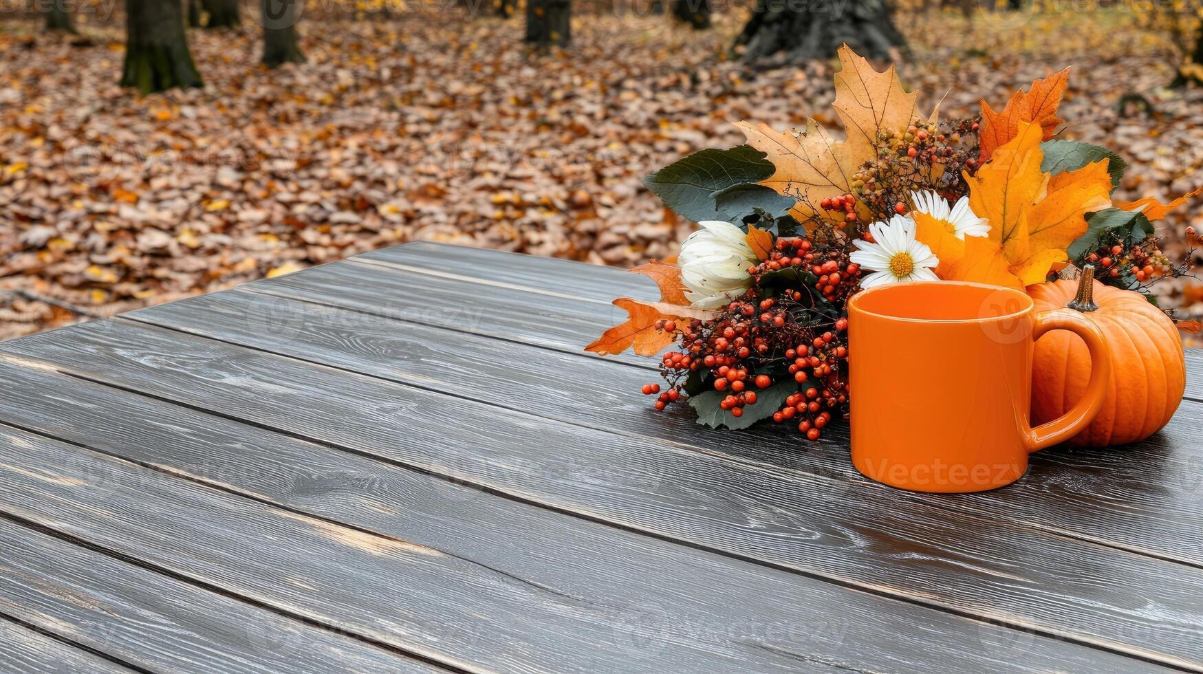 A coffee mug and orange pumpkin on a table in the woods photo