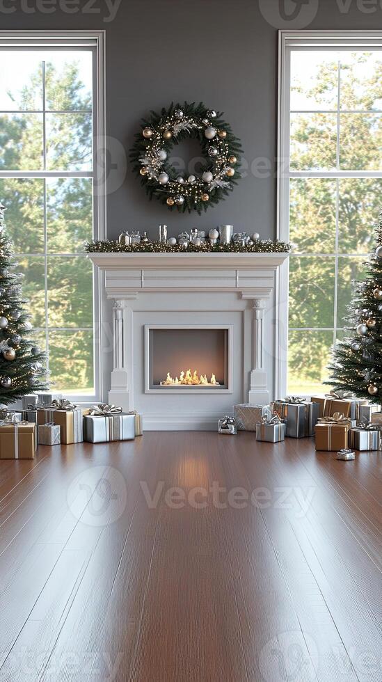 A living room with a fireplace and christmas trees photo