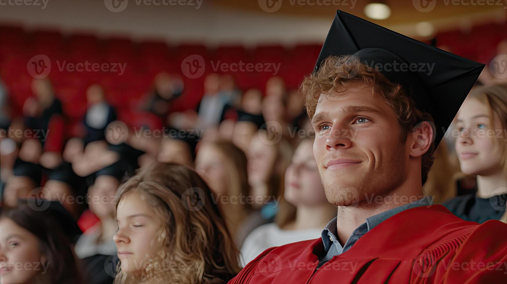 A man in a graduation cap and gown sitting in a crowd photo