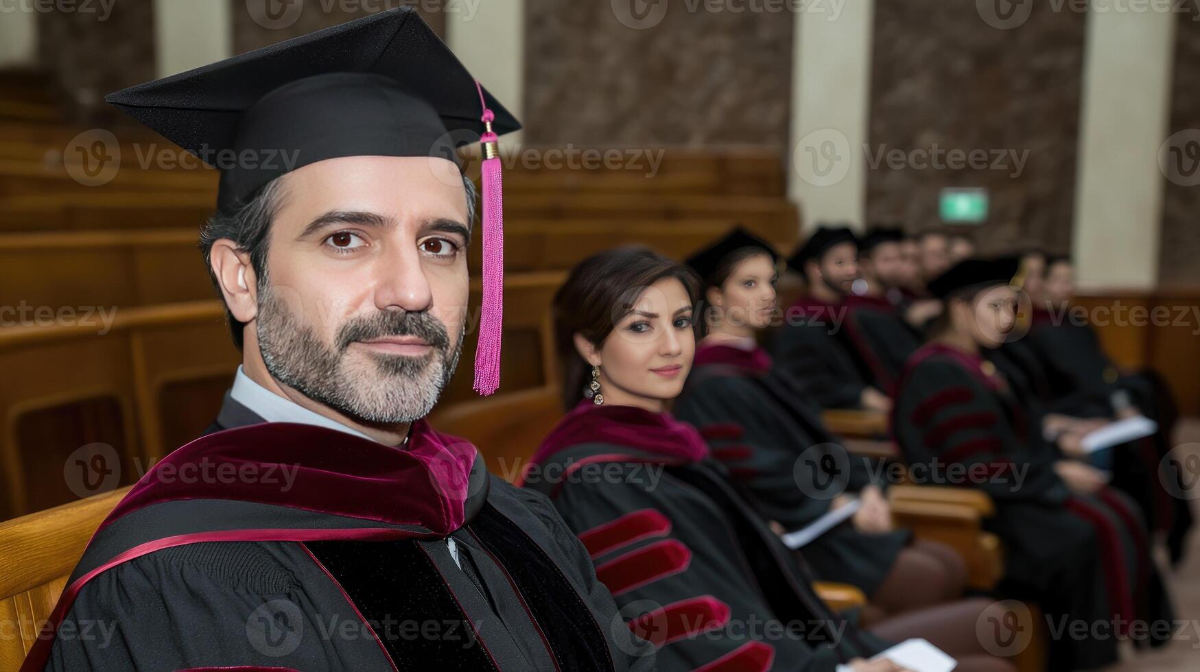 A man in a graduation gown and cap sitting in a row of chairs photo